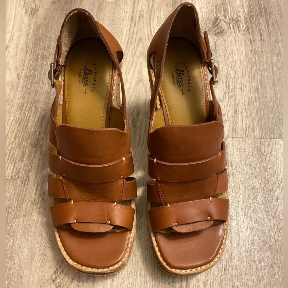 G HBass & Co Wedges Taylor Camel Brown Leather Strappy Platform Cork Heel sz 8M - Picture 15 of 16